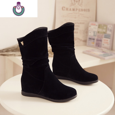 FISHBASKET雪地靴内增高女靴子女士坡跟平底短靴磨砂中筒靴加绒马丁靴靴子