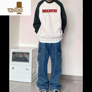 YANXU美式复古撞色插肩袖圆领无帽薄款卫衣男款加绒加厚上衣