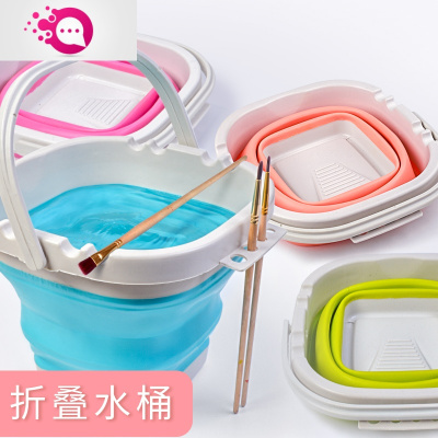 绿彩虹光折叠硅胶美术涮笔洗笔筒桶大号水粉颜料水彩画专用户外水桶绘画可折叠伸缩多功能洗颜料的桶塑料橡胶