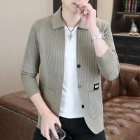 春秋新款开衫毛衣年轻男士翻领针织衫时尚休闲纯色夹克外套