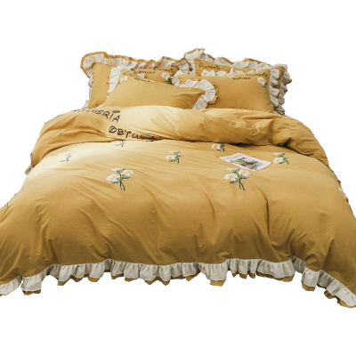 美帮汇廷风床上四件套全棉水洗棉被套蕾丝花边韩式公主风女刺绣床单粉