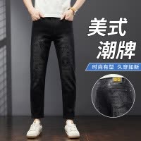 春夏新款印花高端牛仔裤男潮牌修身小直筒欧货黑色牛仔九分裤