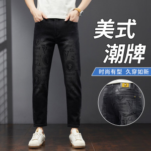 春夏新款印花高端牛仔裤男潮牌修身小直筒欧货黑色牛仔九分裤