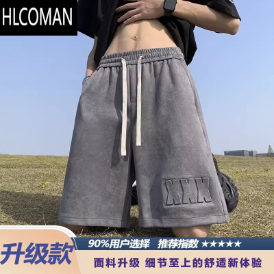 HLCOMAN钢印短裤男士夏季2025新款宽松运动中裤潮牌美式五分裤子