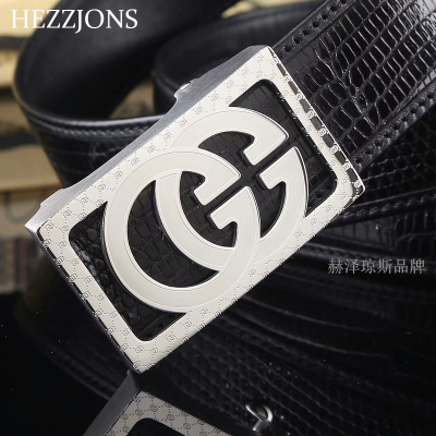赫泽琼斯HEZZJONS休闲自动扣腰带进口蜥蜴皮皮带青中年商务个性腰带男神礼盒皮带