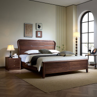 青木川 简约现代南美黑胡桃木全实木床1.8米双人床1.5米两米单人床大板直拼主卧室套装小户型家用休闲成人结婚榫卯床架子