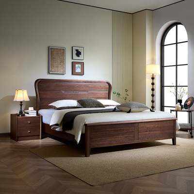 青木川 简约现代南美黑胡桃木全实木床1.8米双人床1.5米两米单人床大板直拼主卧室套装小户型家用休闲成人结婚榫卯床架子