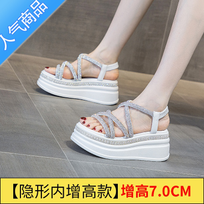 SUNTEK内增高跟凉鞋女2023年夏季新款爆松糕坡跟厚底网红一字带罗马运动