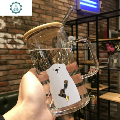 杯子耐热玻璃高颜值韩版吸管好看的水杯女韩国带把手透明可爱大人抖音封后吉他熊（竹盖+吸管+勺）550ml