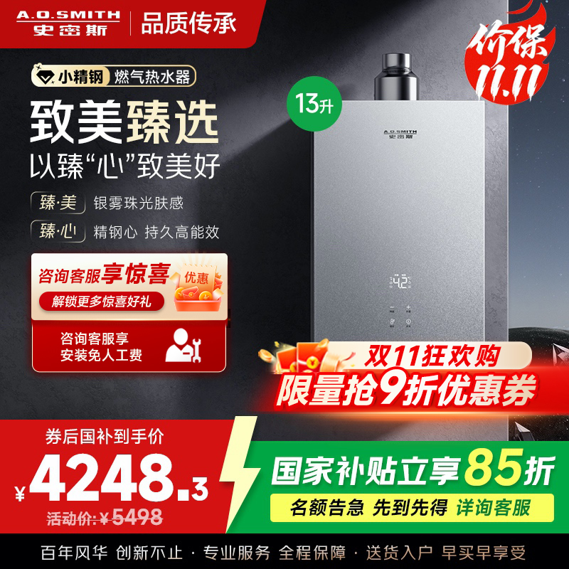 AO史密斯新品小体积13升精钢燃气热水器[小精钢EC5]静音 持久恒温 天然气 JSQ26-EC5
