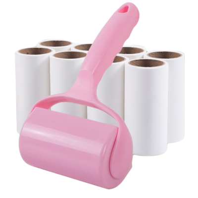 粘毛器滚筒可撕式粘尘纸替换卷滚刷沾灰尘头发毛刷去毛器-1手柄带盖+9卷纸芯540撕-粉色