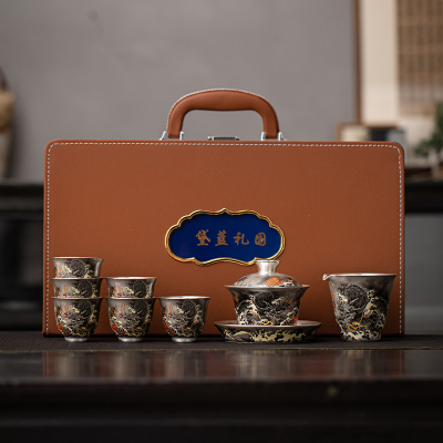苏氏陶瓷(SUSHI CERAMICS)鎏银墨龙三才盖碗套装非遗大师郑文强作品功夫茶具套组