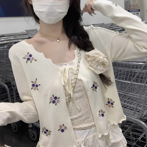 刺绣花朵木耳边针织衫女春秋季设计感系带修身长袖防晒开衫上衣潮