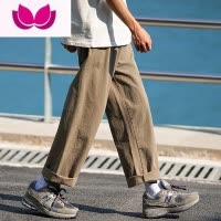 七斓日系工装裤男复古宽松直筒阔腿裤子潮牌男生卡其色休闲长裤