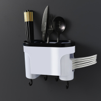 筷子篓壁挂式免打孔刀架置物架沥水家用筷筒筷笼一体餐具收纳盒 敬平 白色(双桶款)