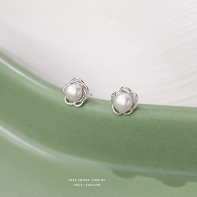 山茶花珍珠耳钉s999纯银法式轻奢简约百搭足银花朵耳饰女耳骨钉送女朋友老婆情人节七夕生日礼物