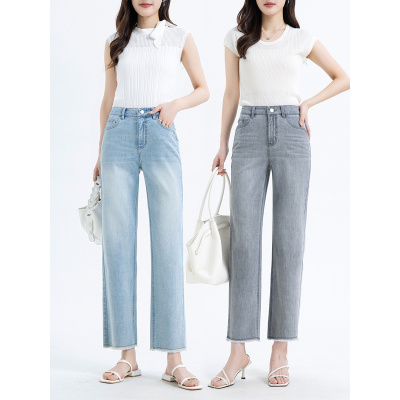 年夏季小个子中高腰法棍牛仔裤女显瘦毛边九分直筒裤