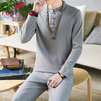 富贵鸟中老年中国风长袖男装亚麻唐装套装宽松长裤纯色50禅修服60岁道袍70居士服改良古风汉服两件套