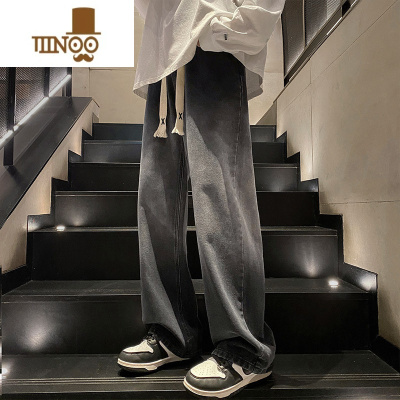 YANXU2023美式高街黑色渐变抽绳牛仔裤男炸街潮牌帅气直筒休闲裤子