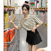 [2.5折价50元]唐狮夏季女圆领左胸字母条纹短袖T恤减龄韩版学院风清新休闲