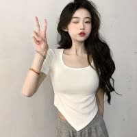 辣妹方领短袖女式夏季新款薄修身休闲上衣不规则潮ins少女T恤