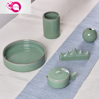 绿彩虹光特价龙泉青瓷学生文房四宝用品套装笔洗砚滴笔架笔筒书法毛笔桔红色双足洗5件套哥梅