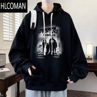 HLCOMAN加绒卫衣男款美式复古连帽外套男宽松百搭加厚上衣服