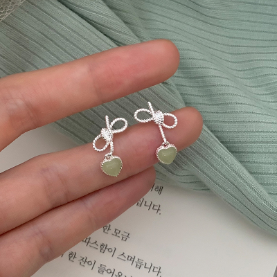 S925纯银绿玉髓蝴蝶结爱心耳钉女清透新中式耳环国风配饰气质送女朋友老婆情人节七夕生日礼物
