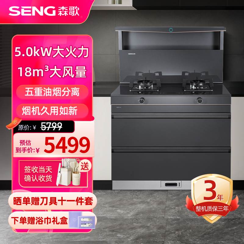 森歌(SENG)集成灶L1 消毒柜款 二星级消毒外观美 大容量 一体式吸烟机燃气灶具 抽油烟机燃气灶 灰色天然气