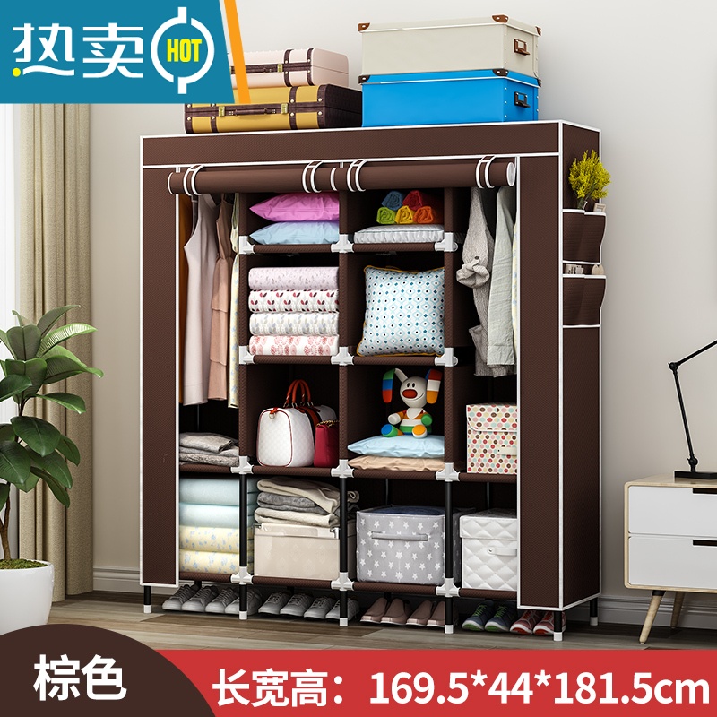 敬平衣帽架落地简易家用卧室挂衣服架子衣柜式多功能晾衣架收纳置物架 [169长]2挂10格加高底脚带4个侧袋-棕色