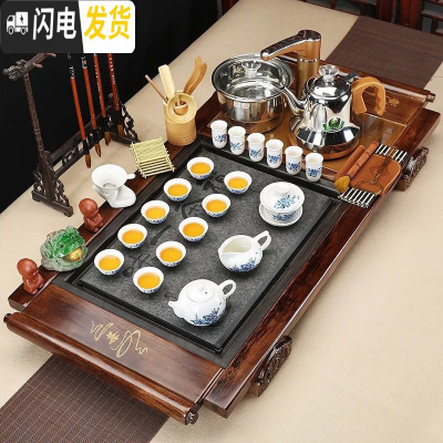 三维工匠实木茶盘全自动电磁炉四合一体套装陶瓷紫砂功夫家用茶具茶杯整套 套装20:全自动火烧书卷牡丹套装