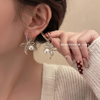 925纯银针蝴蝶结闪钻珍珠耳环女2023秋冬新款潮轻奢超仙气质耳钉送女朋友老婆情人节七夕生日礼物