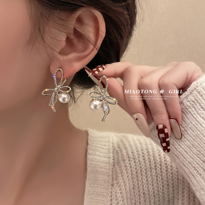 925纯银针蝴蝶结闪钻珍珠耳环女2023秋冬新款潮轻奢超仙气质耳钉送女朋友老婆情人节七夕生日礼物