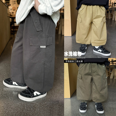 童酷男童秋款湖州织里童装字母贴标中小童工装裤纯色儿童裤子