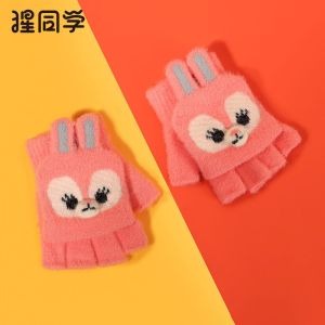 新款儿童手套男女秋冬季保暖加绒半指翻盖卡通小孩学生写字