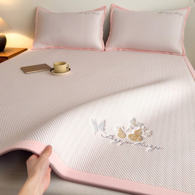 加厚刺绣冰豆豆凉席三件套夏天冰丝席夏凉垫可机洗折叠空调软席子