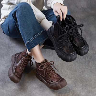 2026春夏薄款镂空马丁靴女牛皮厚底网面短靴真皮休闲系带罗马凉靴