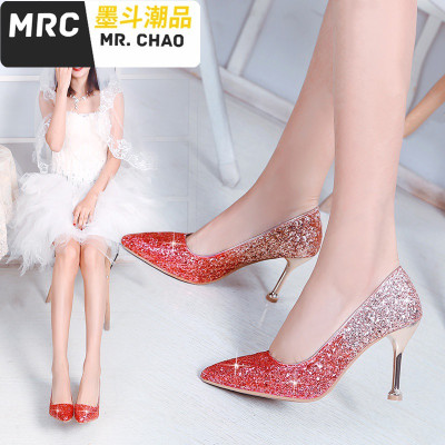 婚鞋女2020新款新娘水晶鞋细跟结婚鞋子亮片高跟鞋伴娘礼服婚纱鞋墨斗潮品休闲鞋