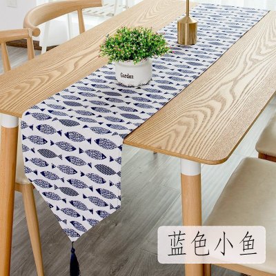 北欧桌旗 棉麻家用桌布电视柜长桌旗欧式茶几现代简约 蓝色小鱼 30*220cm(适合160-180cm左右桌子茶桌柜子)