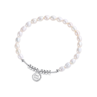 925纯银英文幸运圆牌手链转运珠淡水珍珠手串手饰个性简约礼物潮送女朋友老婆情人节七夕生日礼物