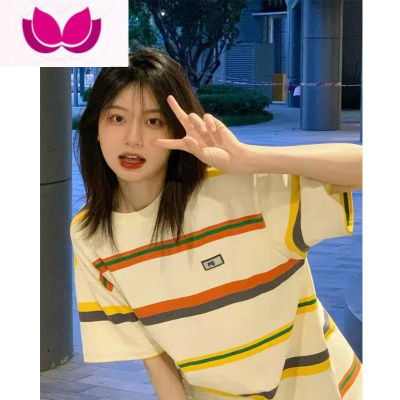 七斓日系oversize正肩条纹短袖t恤女夏季设计感小众港味chic上衣