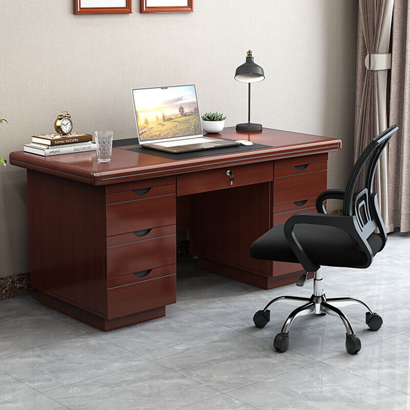 创世人 办公桌电脑桌油漆桌办公室经典职员桌写字台中间抽屉红棕色1.4米