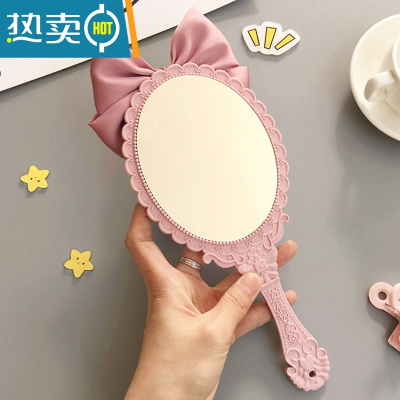 敬平可爱蝴蝶结少女创意手柄化妆镜手拿美容院化妆小镜子便携随身镜子 可爱粉色蝴蝶结便携式用镜