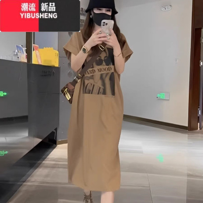 YIBUSHENG欧美风少女印花短袖连衣裙季宽松显瘦开叉大码休闲T恤裙子长裙