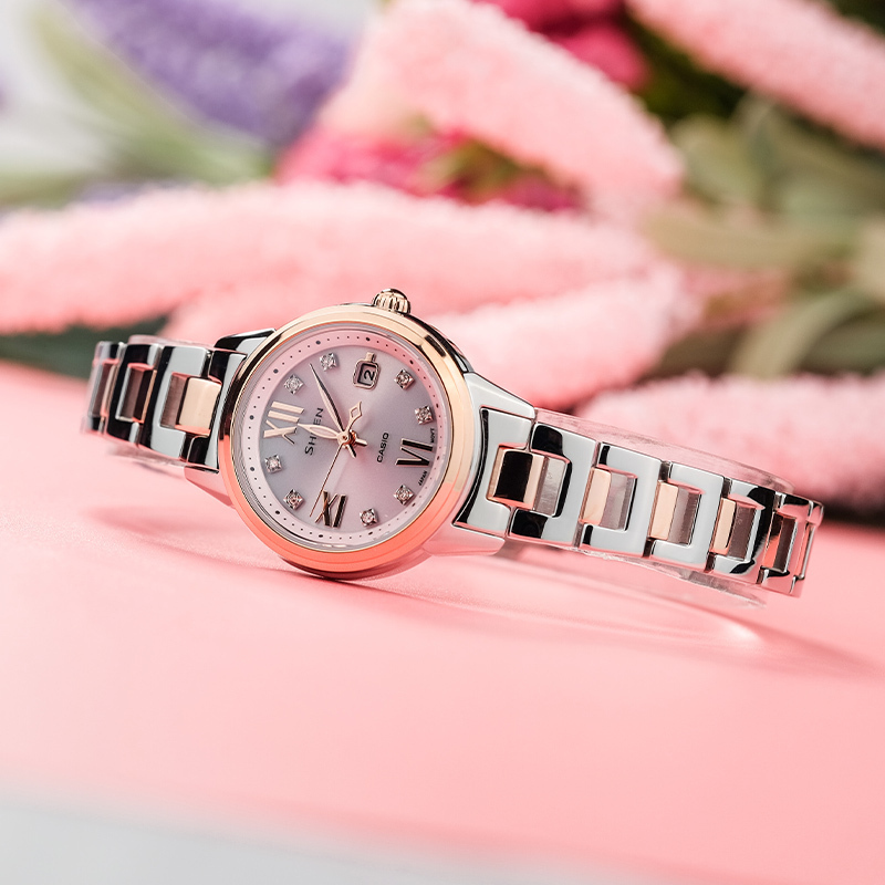 CASIO官方旗舰店卡西欧手表女正品SHEEN商务潮流时尚新年送礼气质手表石英表女防水蓝宝石玫瑰金日韩表SHE-4522