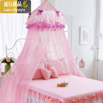 2018新款儿童蚊帐儿童单双人吊挂圆顶女孩公主落地蚊帐1.5m床通用 三维工匠