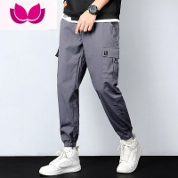 七斓大口袋工装裤子男士夏季薄款冰丝潮牌休闲长裤宽松灰色束脚卫裤男