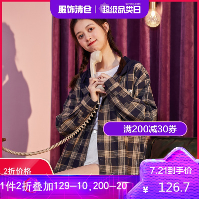 2折价126.7元-唐狮春秋新款格子外套女短款韩版宽松潮流港风日系古着连帽衫