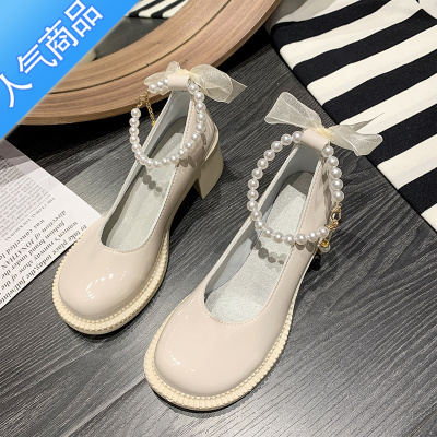 SUNTEK法式少女粗跟玛丽珍单鞋女夏2023年新款珍珠小皮鞋温柔仙女风凉鞋