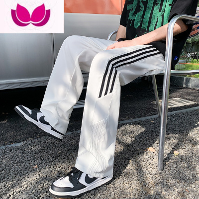七斓美式侧边条纹直筒休闲裤男夏季港风ins潮流运动宽松百搭冰丝裤子
